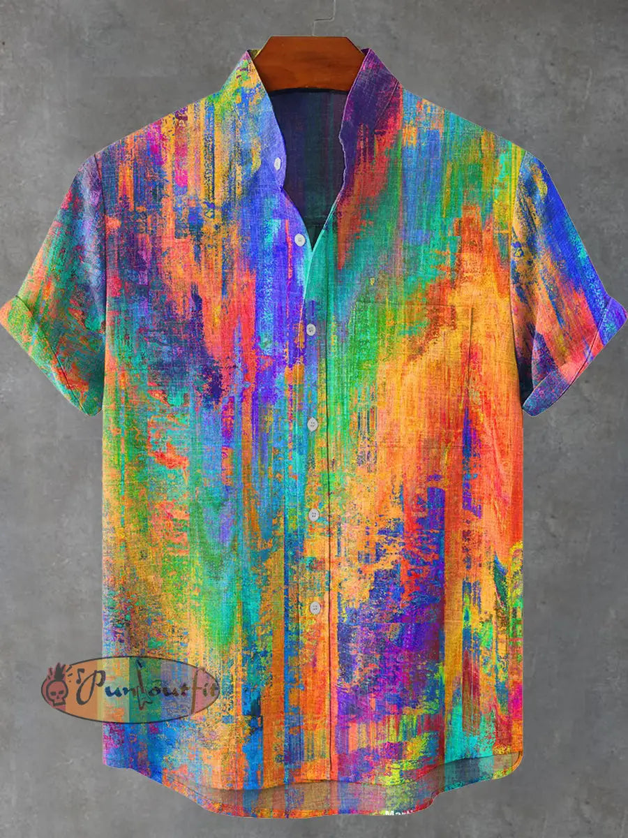 Vintage Rainbow Mottled Art Cat Print Casual 100% Cotton Shirt Multicolor / S GEOMETRIC ART DESIGN