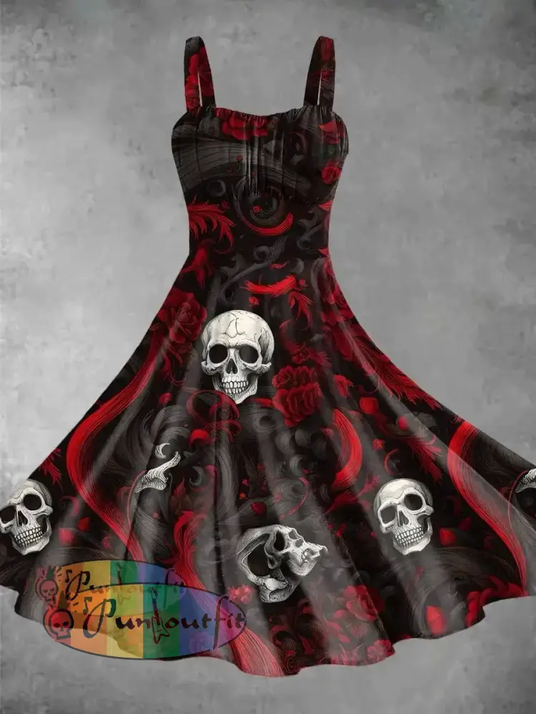 Vintage Rose Skulls Halloween Print Backless Dress Picture Color / S Dress