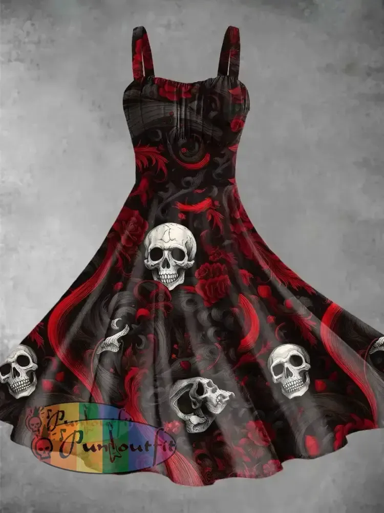 Vintage Rose Skulls Halloween Print Backless Dress Picture Color / S Dress