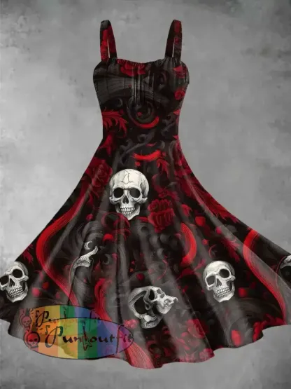 Vintage Rose Skulls Halloween Print Backless Dress Picture Color / S Dress