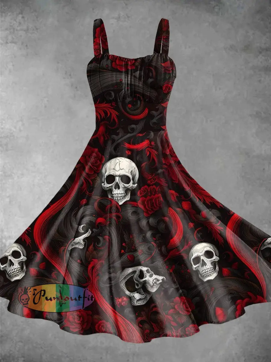 Vintage Rose Skulls Halloween Print Backless Dress Picture Color / S Dress