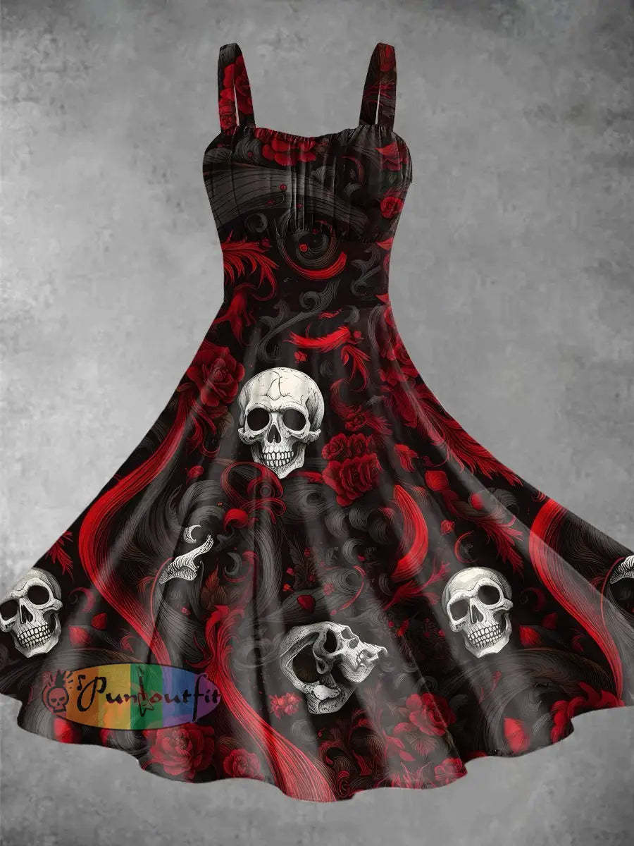 Vintage Rose Skulls Halloween Print Backless Dress Picture Color / S Dress