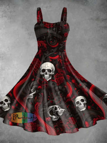 Vintage Rose Skulls Halloween Print Backless Dress Picture Color / S Dress