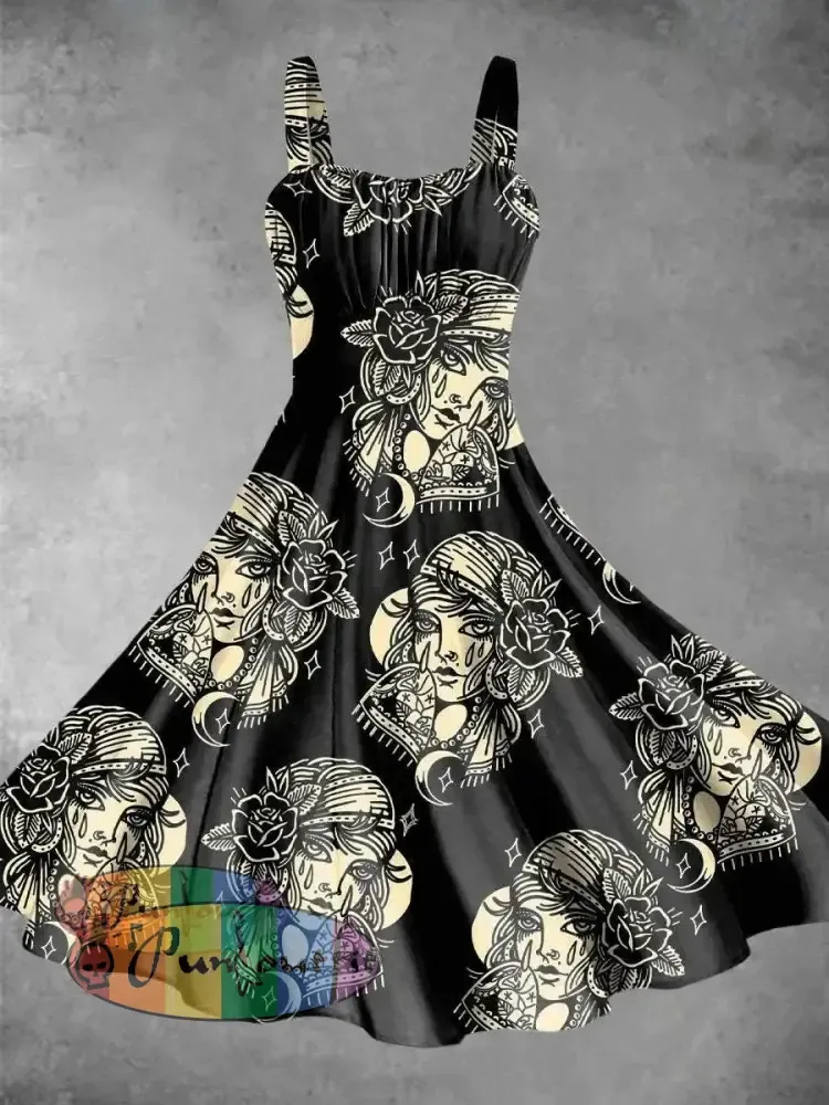 Vintage Rose Woman Tattoo Print Backless Dress Picture Color / S Dress