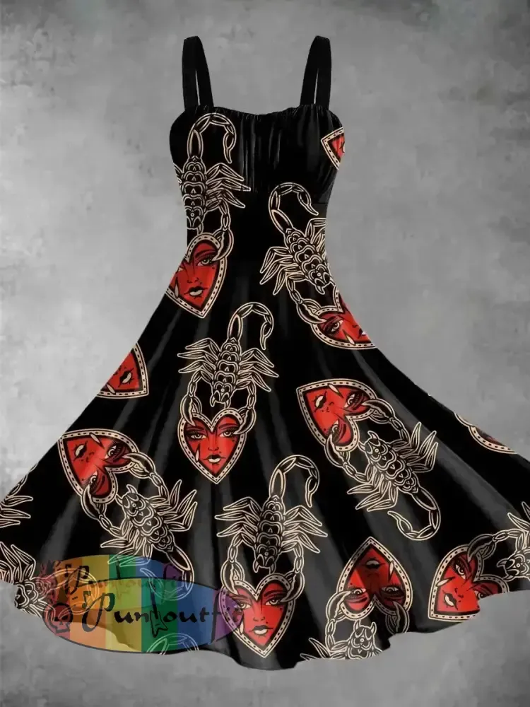 Vintage Scorpion Tattoo With Red Heart Print Backless Dress Picture Color / S Dress