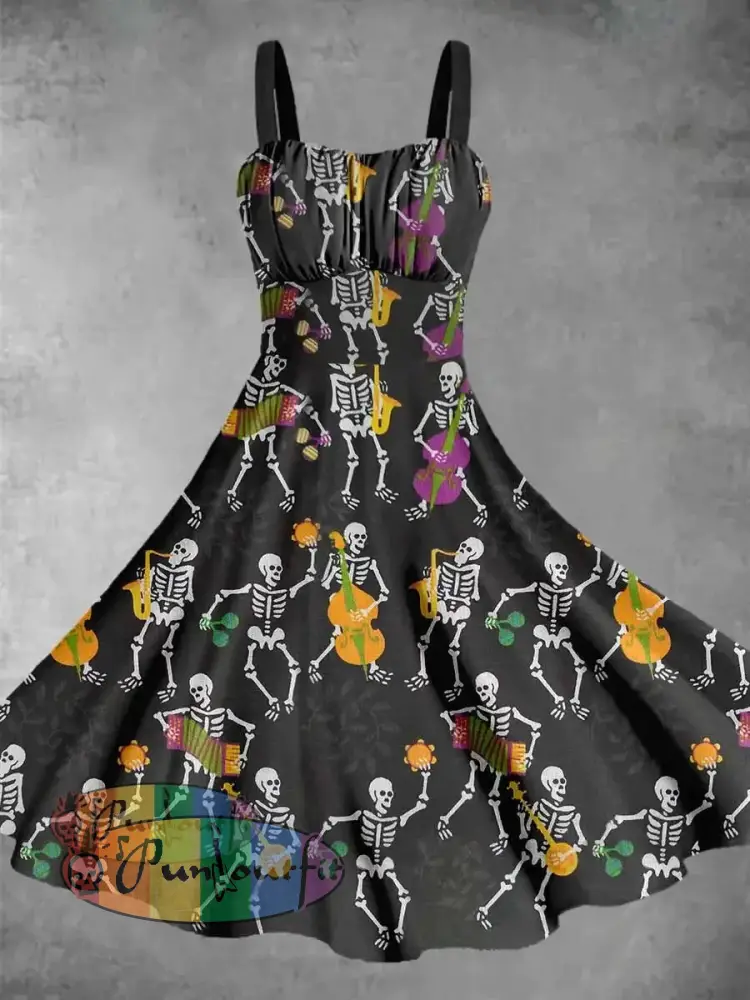 Vintage Skeleton Dance Print Backless Dress DRESS