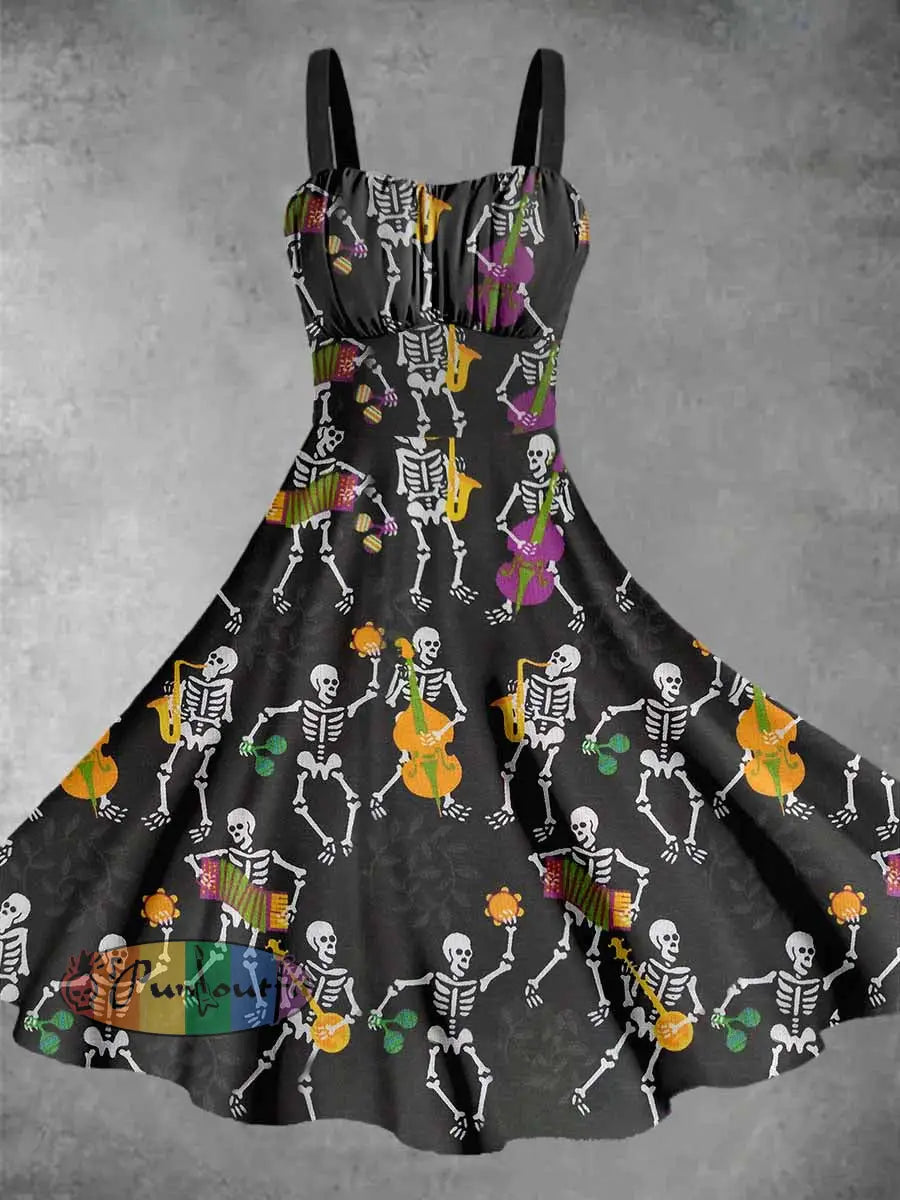 Vintage Skeleton Dance Print Backless Dress DRESS