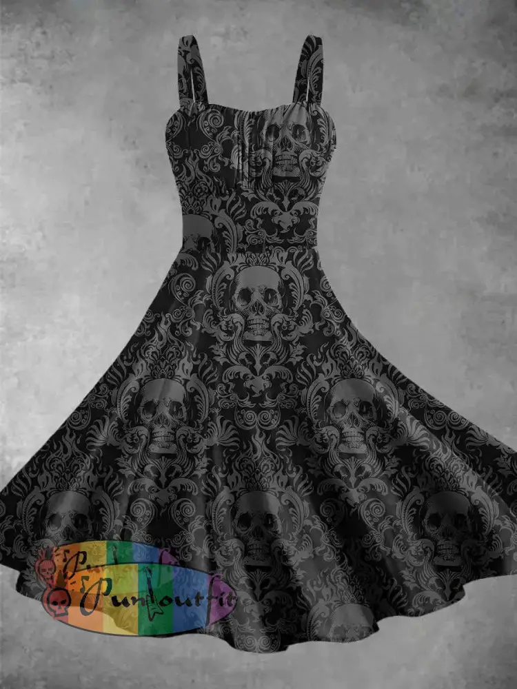 Vintage Skull Print Backless Dress Picture Color / S Dress