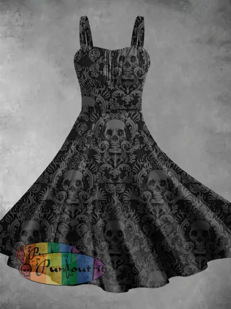 Vintage Skull Print Backless Dress Picture Color / S Dress