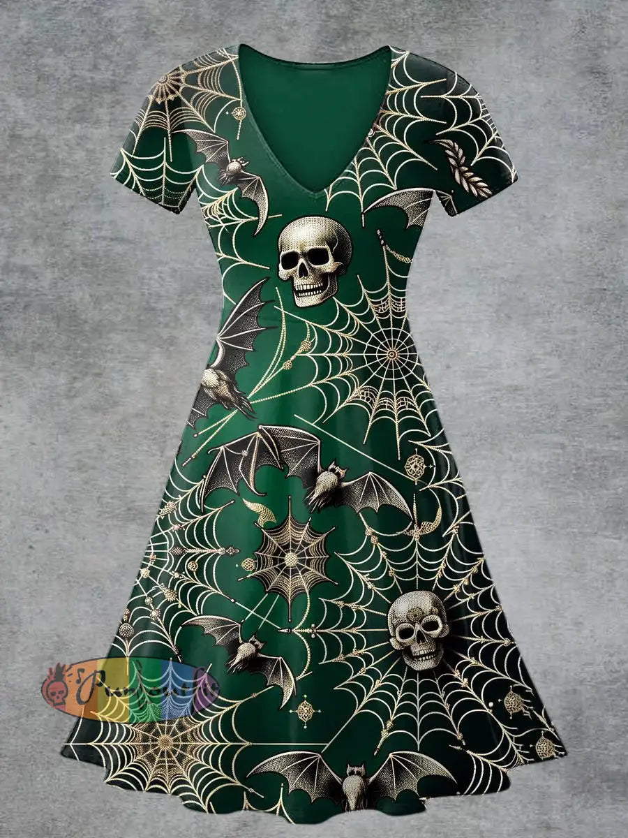 Vintage Skull Print Short Sleeve V-Neck Dress Dark Green / S