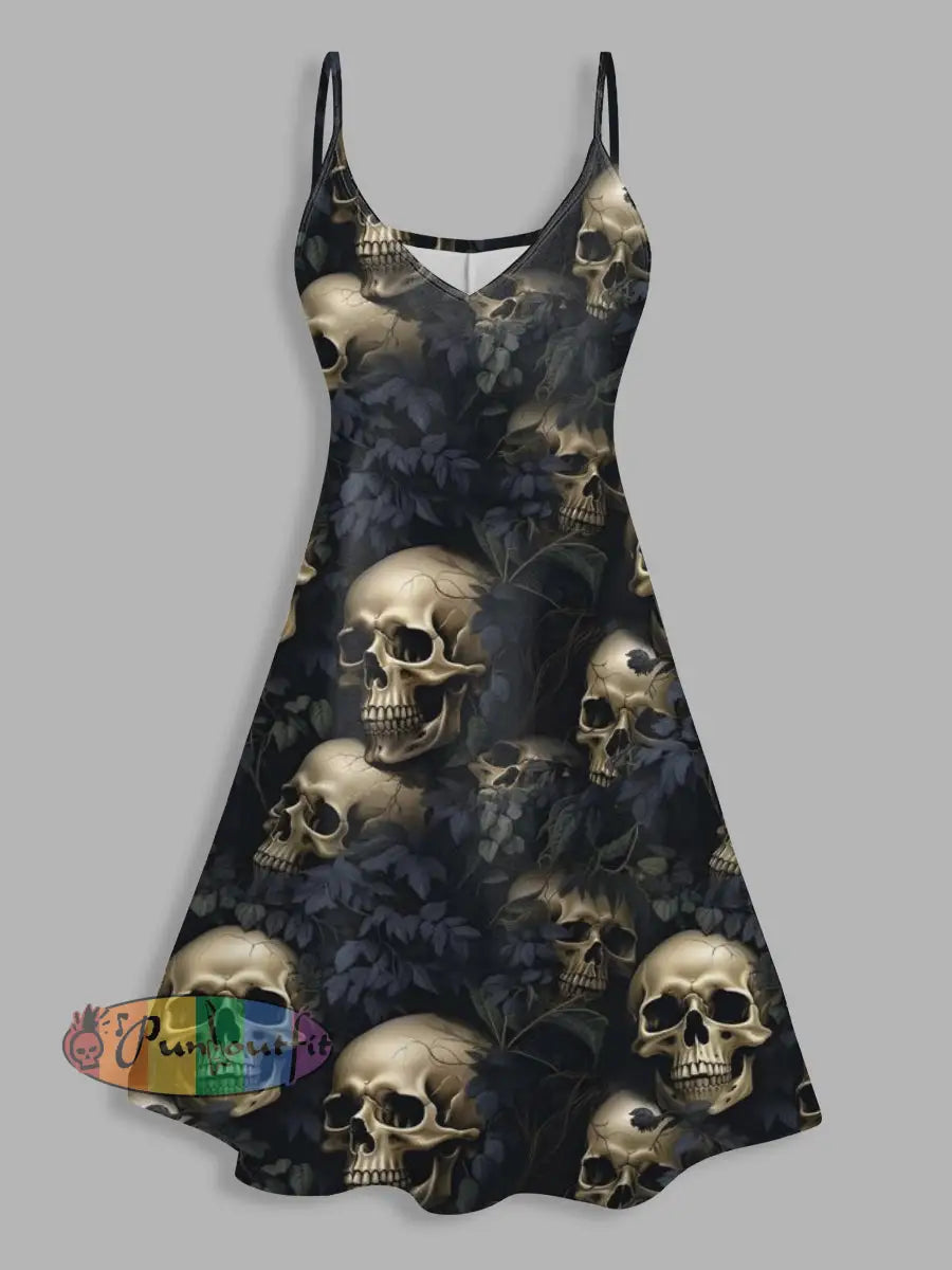 Vintage Skulls Halloween Print V Neck High Waist Sleeveless Mini Dress Colorful / S
