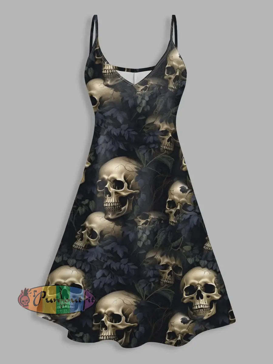 Vintage Skulls Halloween Print V Neck High Waist Sleeveless Mini Dress Colorful / S