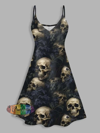 Vintage Skulls Halloween Print V Neck High Waist Sleeveless Mini Dress Colorful / S