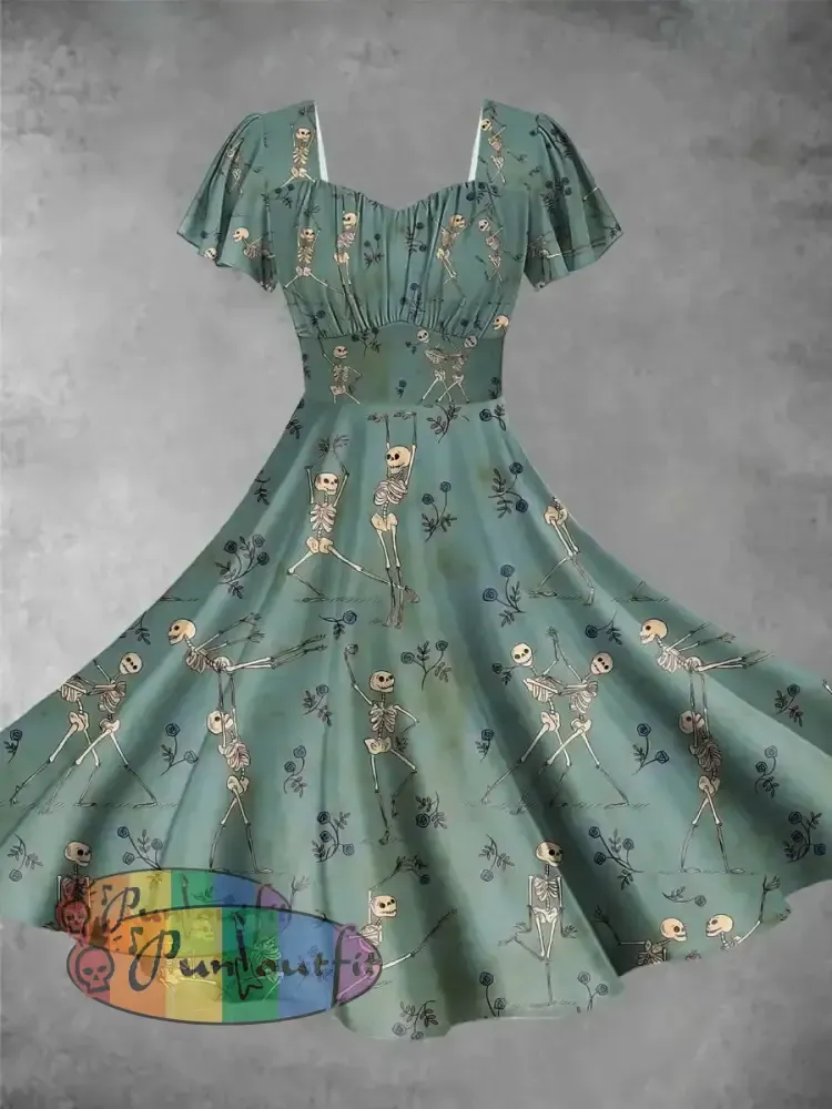 Vintage Skulls Print Short Sleeve Dress Picture Color / Xs Dress