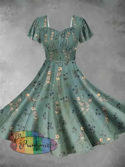 Vintage Skulls Print Short Sleeve Dress Picture Color / Xs Dress