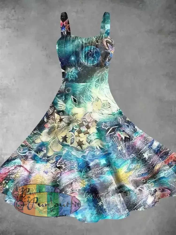 Vintage Stars Print Backless Dress Colorful / S Dress