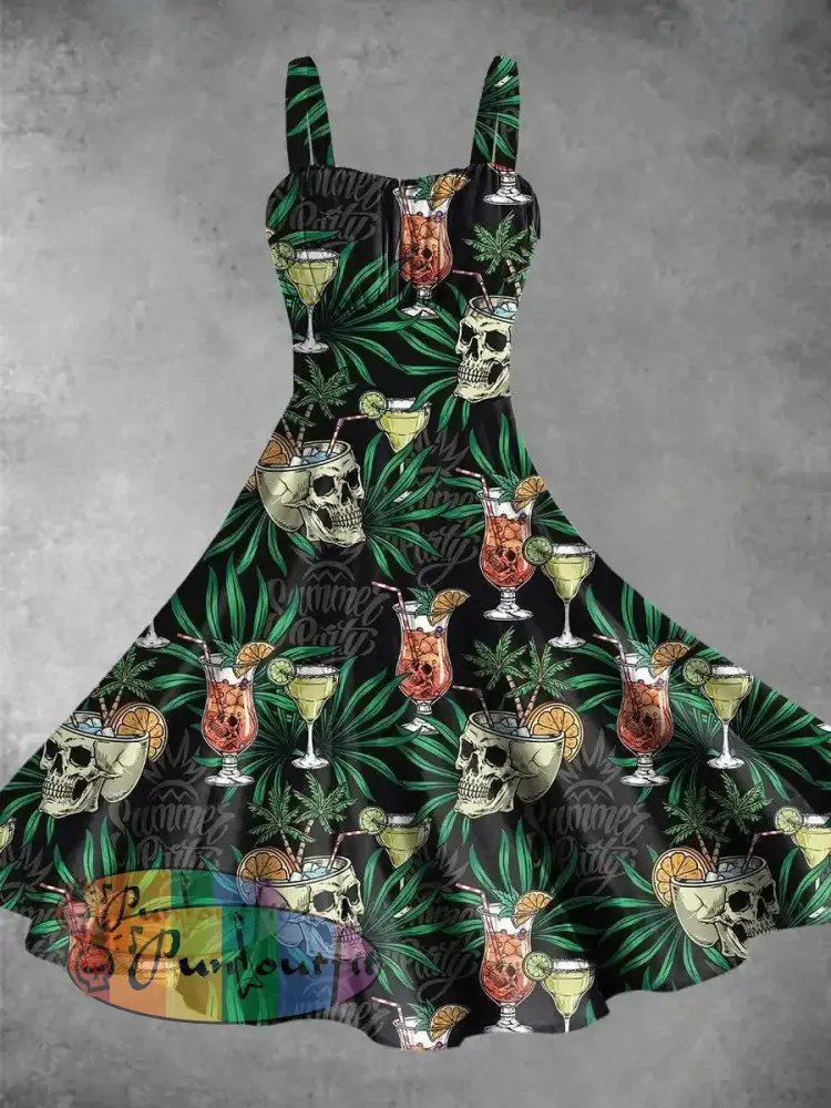 Vintage Summer Skull Cocktail Print Backless Dress Picture Color / S Dress