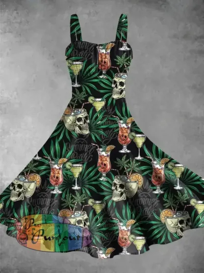 Vintage Summer Skull Cocktail Print Backless Dress Picture Color / S Dress