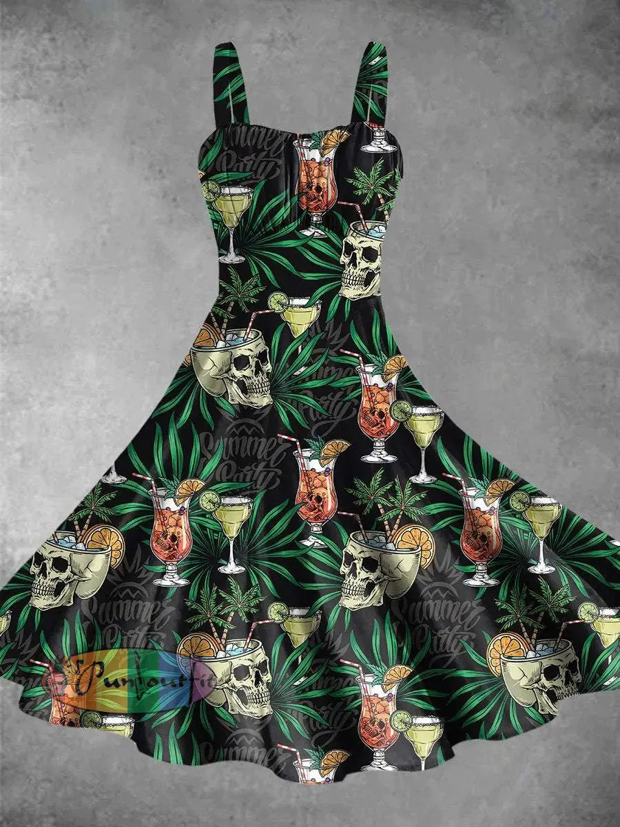 Vintage Summer Skull Cocktail Print Backless Dress Picture Color / S Dress