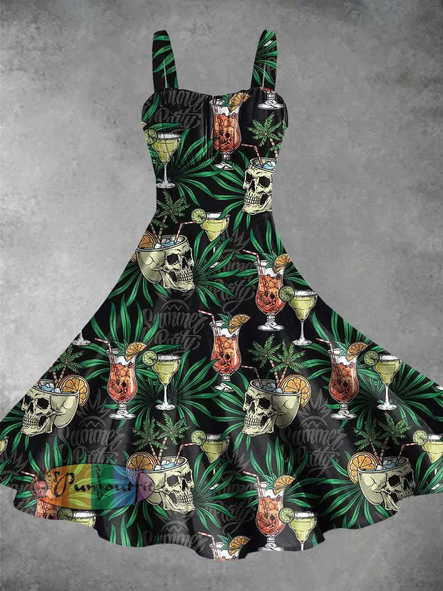 Vintage Summer Skull Cocktail Print Backless Dress Picture Color / S Dress