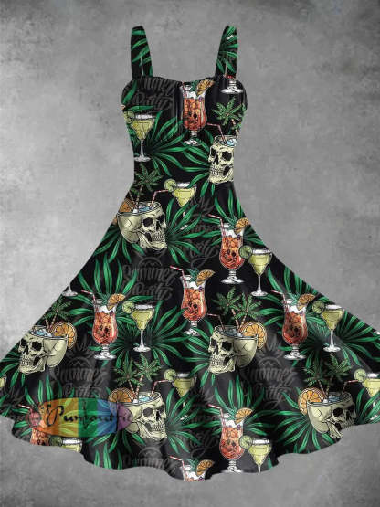 Vintage Summer Skull Cocktail Print Backless Dress Picture Color / S Dress