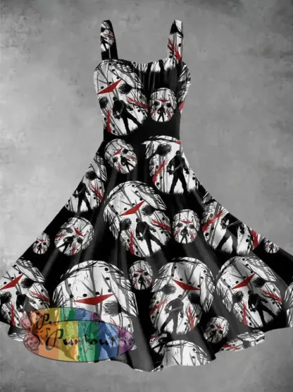 Vintage The Mask Killer Halloween Print Backless Dress Picture Color / S Dress