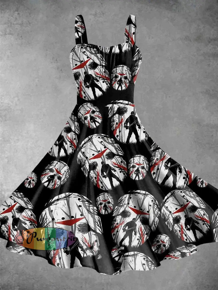 Vintage The Mask Killer Halloween Print Backless Dress Picture Color / S Dress