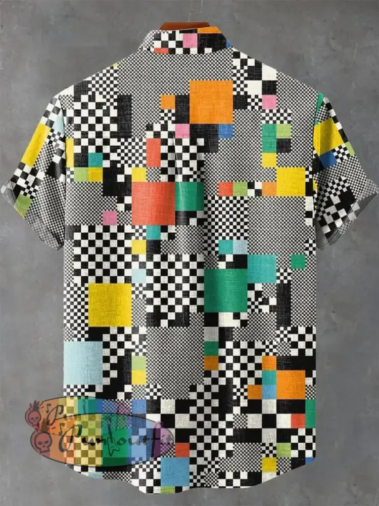 Visual Plaid Mixed Decorative Pattern Casual 100% Cotton Shirt GEOMETRIC ART DESIGN