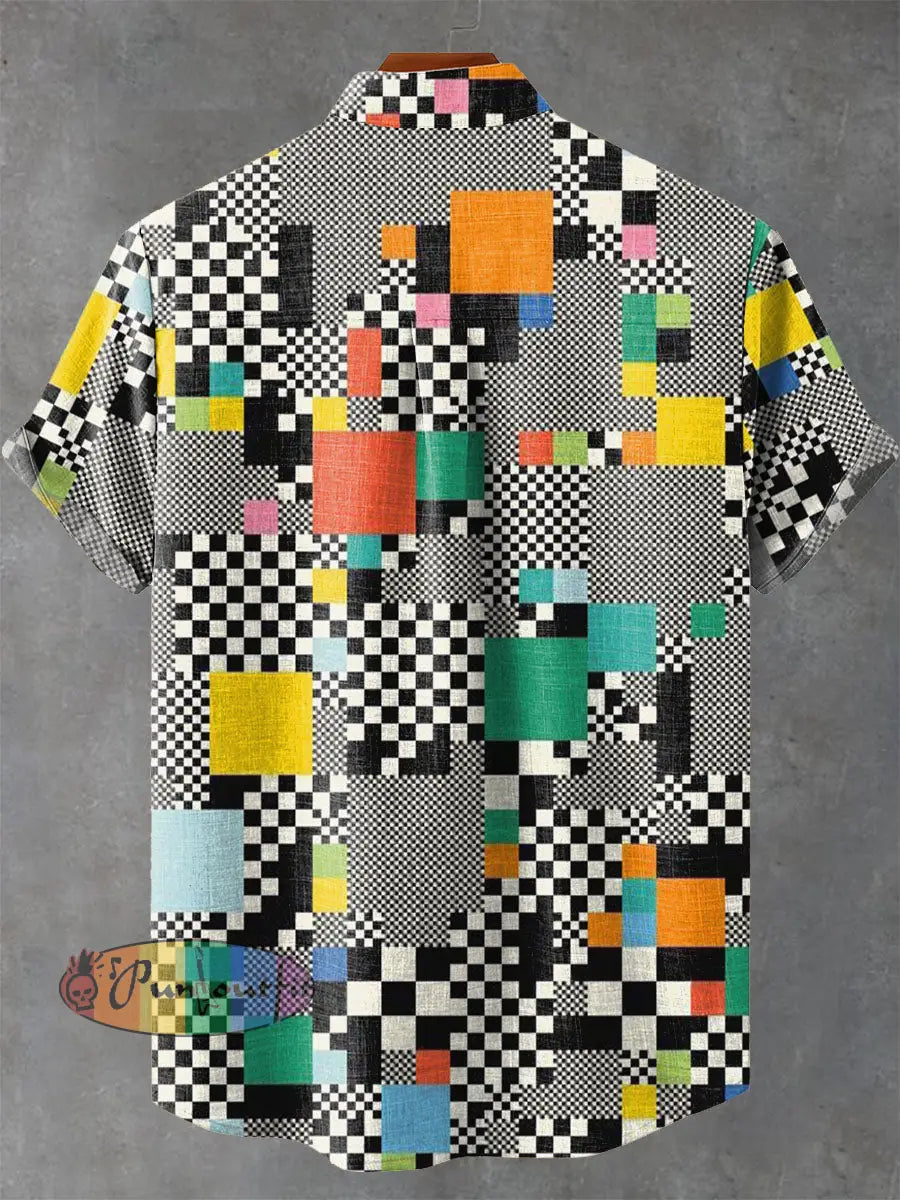 Visual Plaid Mixed Decorative Pattern Casual 100% Cotton Shirt GEOMETRIC ART DESIGN