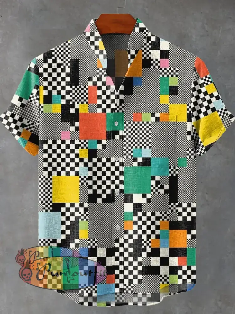 Visual Plaid Mixed Decorative Pattern Casual 100% Cotton Shirt Multicolor / S GEOMETRIC ART DESIGN
