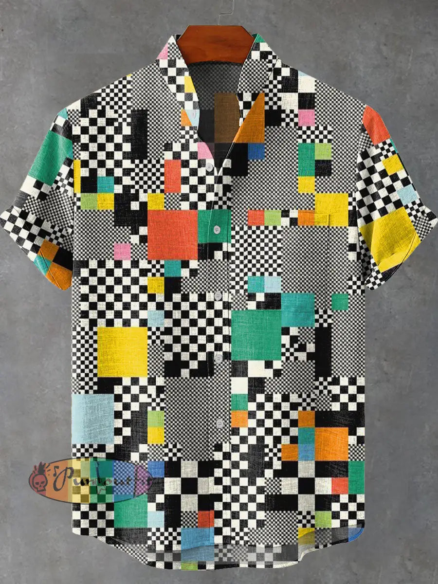 Visual Plaid Mixed Decorative Pattern Casual 100% Cotton Shirt Multicolor / S GEOMETRIC ART DESIGN
