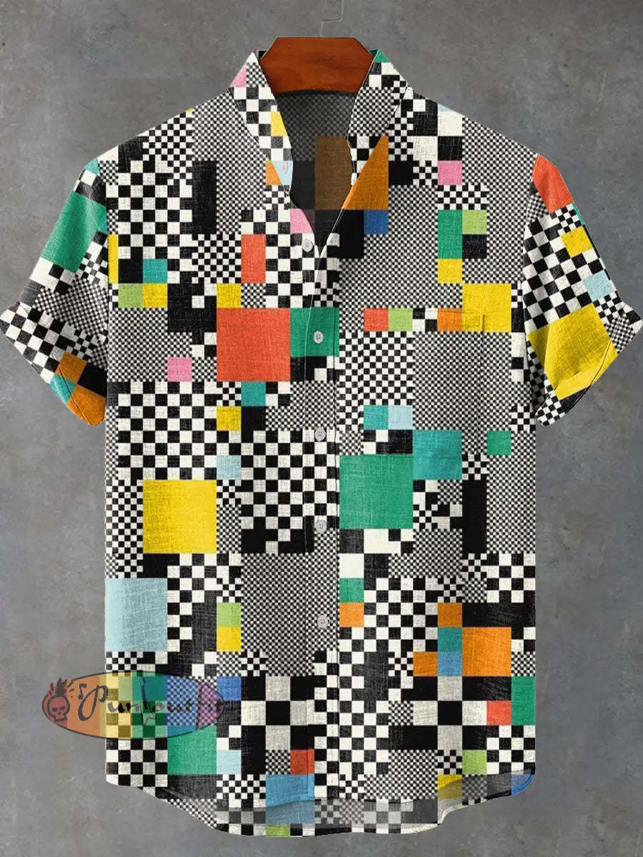 Visual Plaid Mixed Decorative Pattern Casual 100% Cotton Shirt Multicolor / S GEOMETRIC ART DESIGN