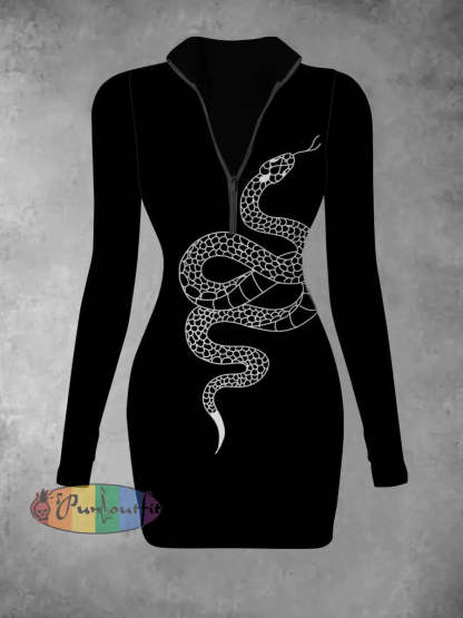 Women’s Abstract Art Snake Pattern Retro Print Slim And Fashionable V-Neck Long Sleeved Dress