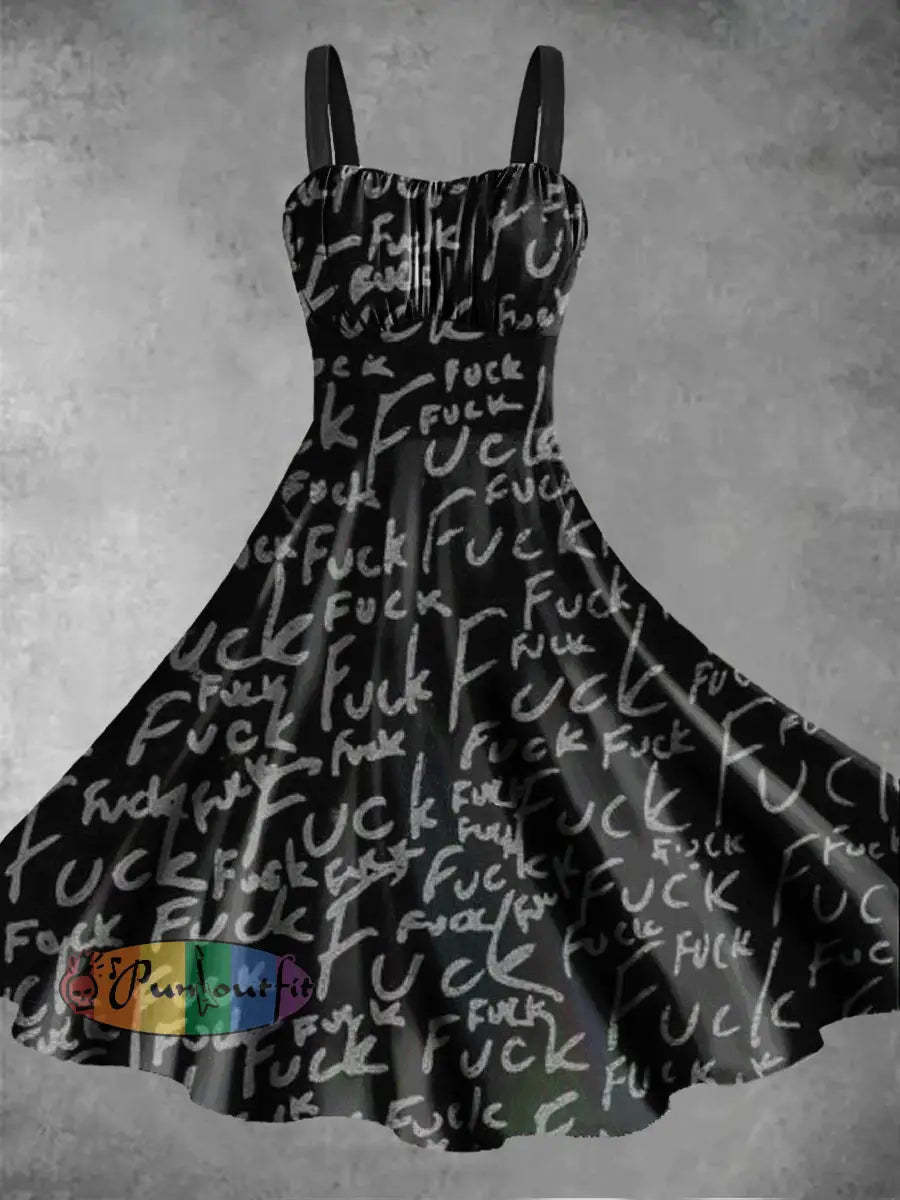 Women’s Abstract Psychedelic Fuck Printed Sleeveless Camisole Dress Black / S