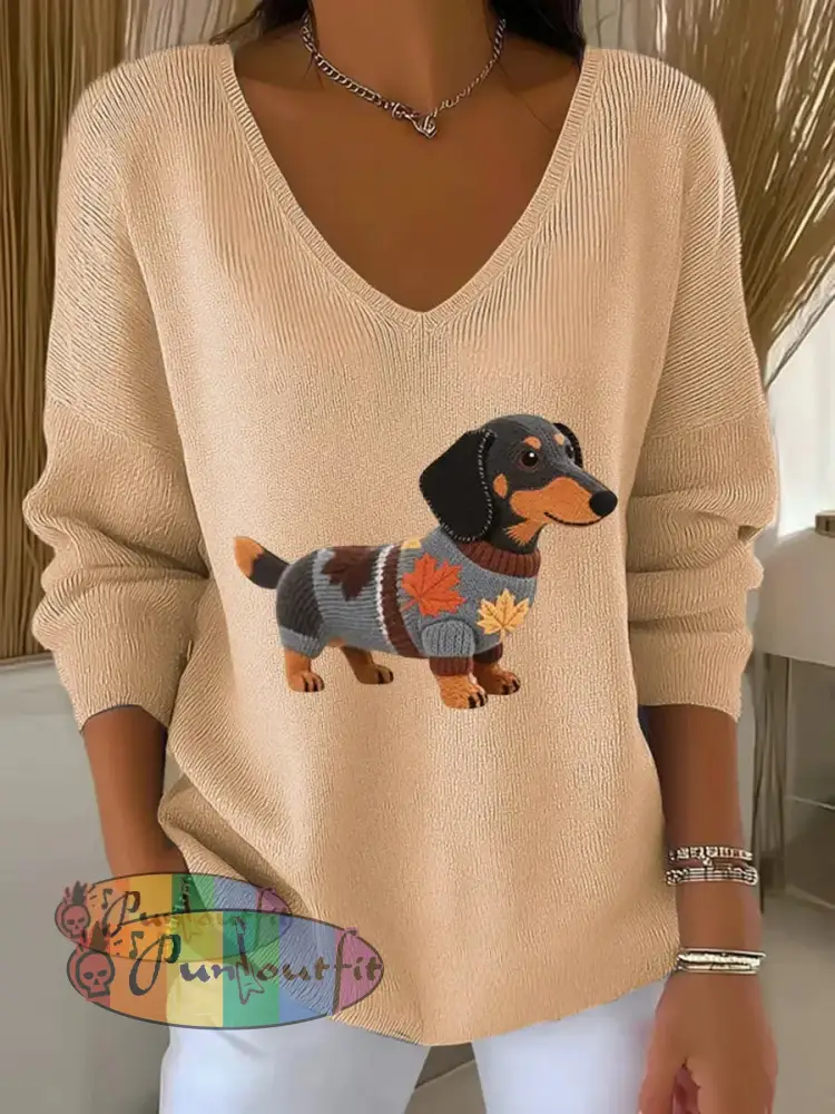 Women’s Autumn Dog Art Print V Neck Ribbed Top Apricot / S