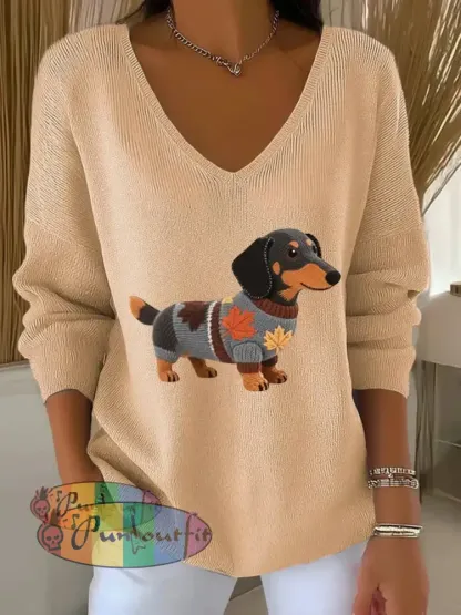 Women’s Autumn Dog Art Print V Neck Ribbed Top Apricot / S