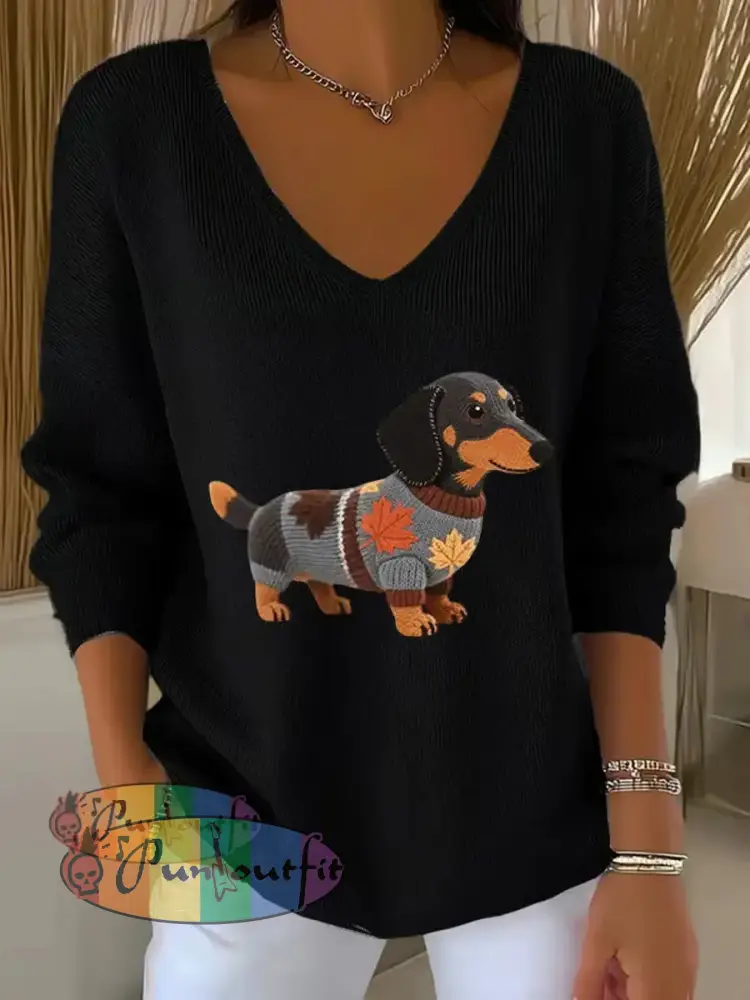 Women’s Autumn Dog Art Print V Neck Ribbed Top Black / S