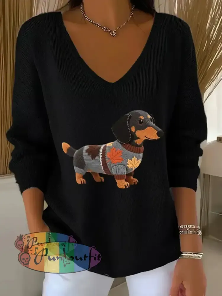 Women’s Autumn Dog Art Print V Neck Ribbed Top Black / S