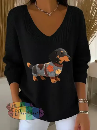 Women’s Autumn Dog Art Print V Neck Ribbed Top Black / S