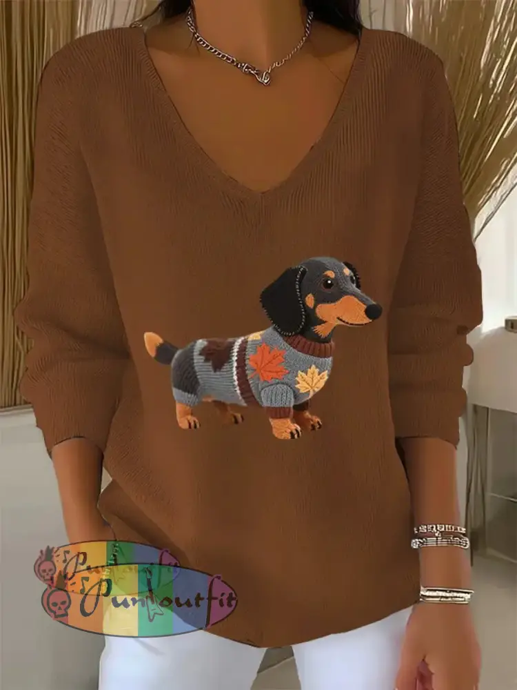 Women’s Autumn Dog Art Print V Neck Ribbed Top Brown / S