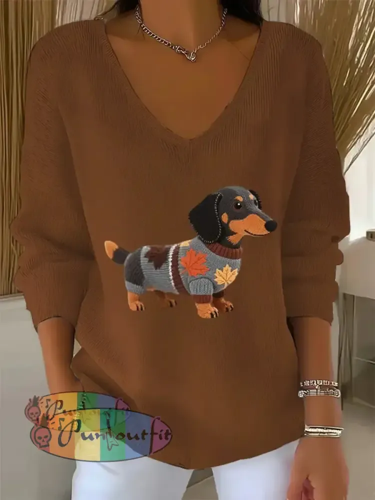 Women’s Autumn Dog Art Print V Neck Ribbed Top Brown / S