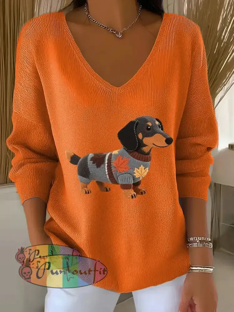 Women’s Autumn Dog Art Print V Neck Ribbed Top Orange / S