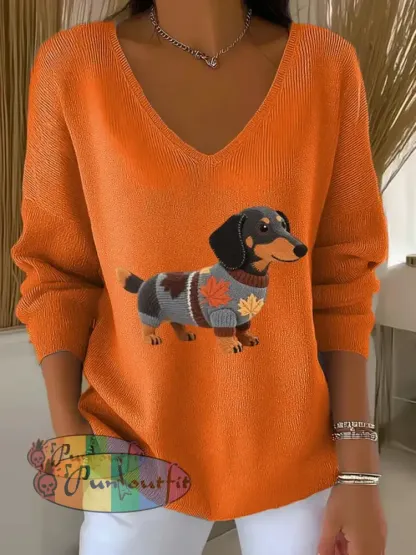 Women’s Autumn Dog Art Print V Neck Ribbed Top Orange / S