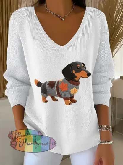 Women’s Autumn Dog Art Print V Neck Ribbed Top White / S