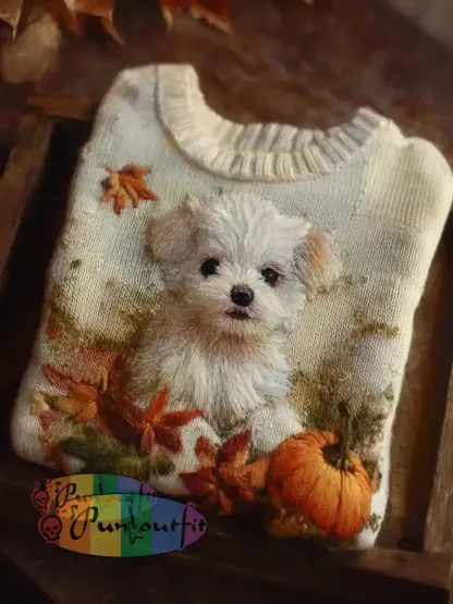 Women’s Autumn Dog Embroidery Raglan Print Knit Sweater White / S