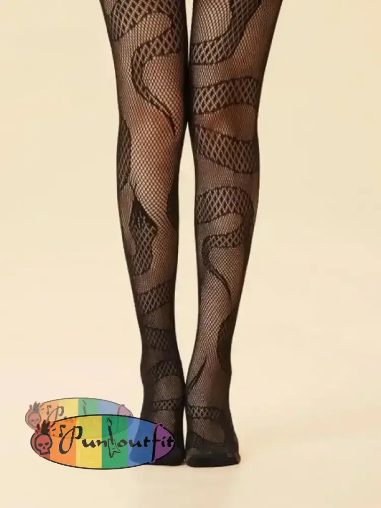 Women’s Black Punk Serpentine Cutout Fishnet Stockings Acc