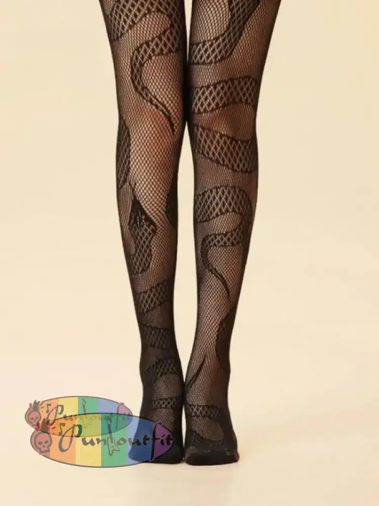Women’s Black Punk Serpentine Cutout Fishnet Stockings Acc
