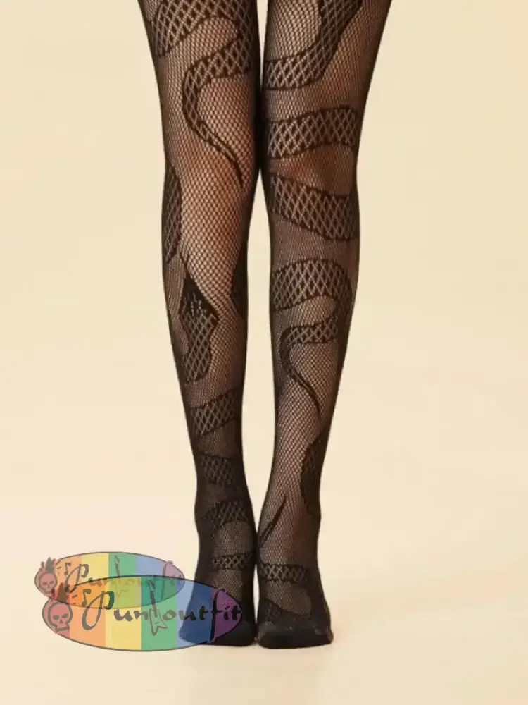 Women’s Black Punk Serpentine Cutout Fishnet Stockings Acc