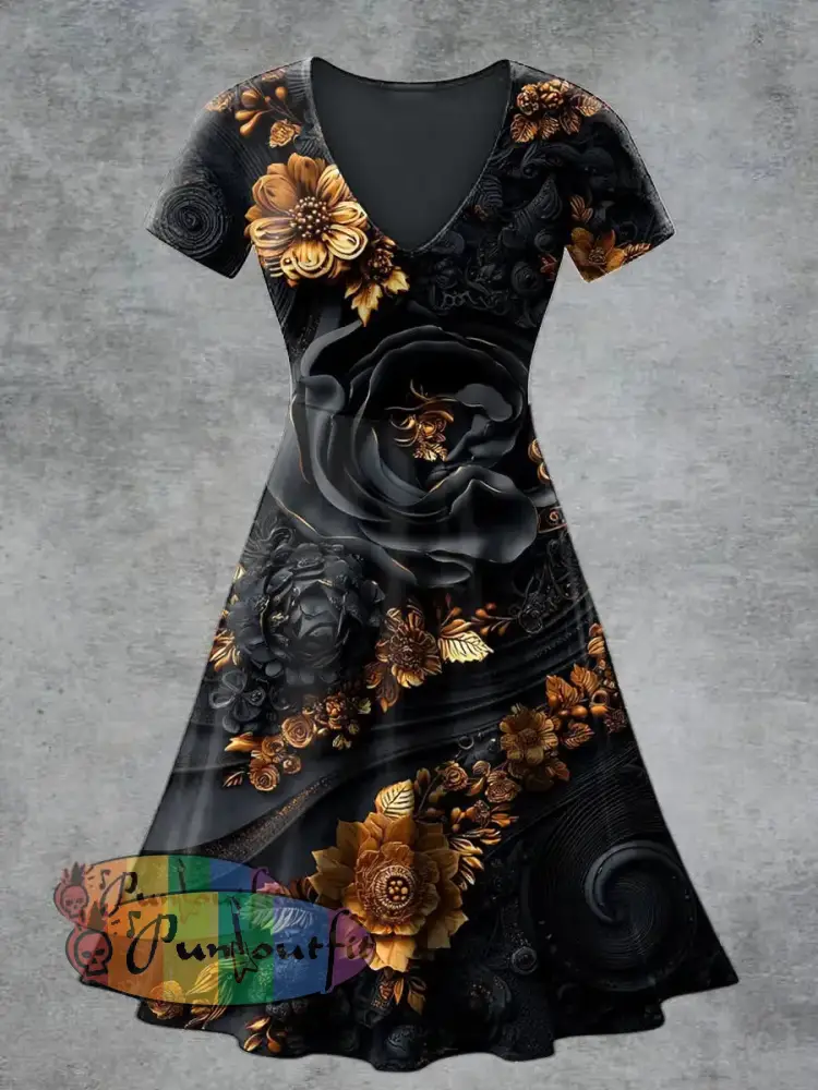 Women’s Casual V-Neck Short Sleeve Floral Print Short Sleeve Dress Black / S