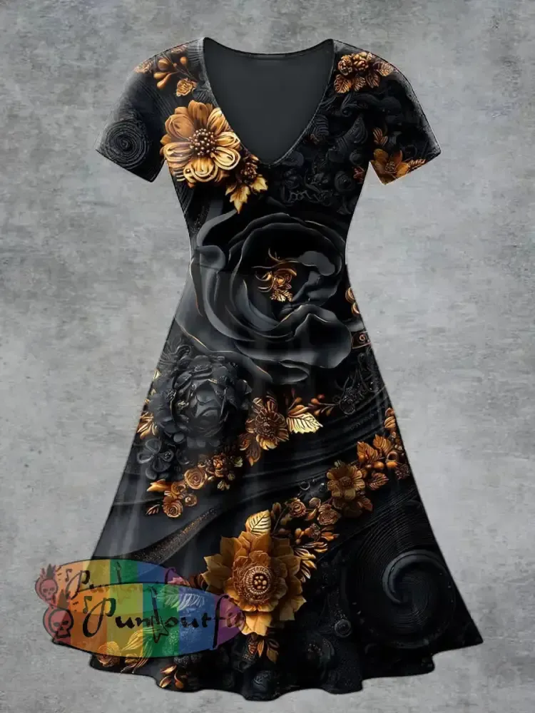 Women’s Casual V-Neck Short Sleeve Floral Print Short Sleeve Dress Black / S